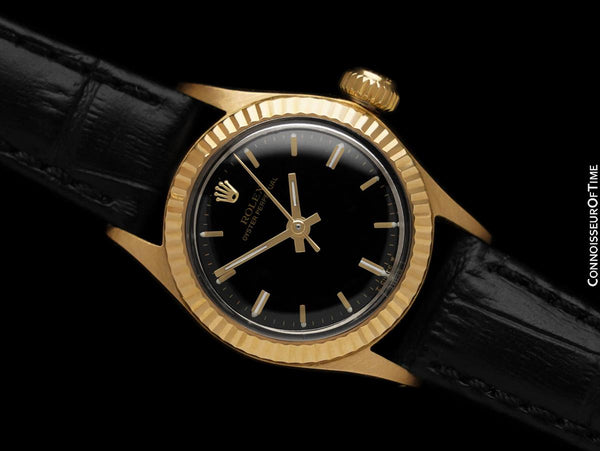 1970 Rolex Oyster Perpetual Ladies Vintage Watch with Black Dial - 18K Gold