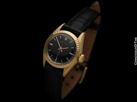 1970 Rolex Oyster Perpetual Ladies Vintage Watch with Black Dial - 18K Gold