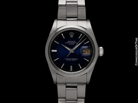 1973 Rolex Oyster Perpetual Date Ref. 1500 Vintage Mens Blue Dial Watch - Stainless Steel