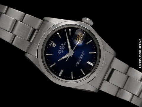 1973 Rolex Oyster Perpetual Date Ref. 1500 Vintage Mens Blue Dial Watch - Stainless Steel