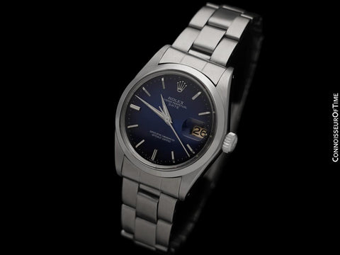 1973 Rolex Oyster Perpetual Date Ref. 1500 Vintage Mens Blue Dial Watch - Stainless Steel