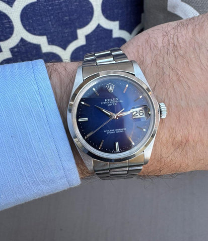 1973 Rolex Oyster Perpetual Date Ref. 1500 Vintage Mens Blue Dial Watch - Stainless Steel