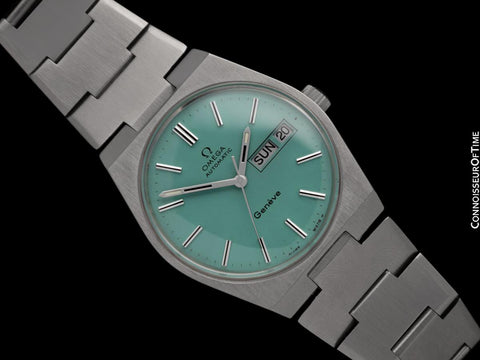 1972 Omega Geneve Vintage Retro Automatic Day Date Mens Tiffany Blue Dial Watch - Stainless Steel
