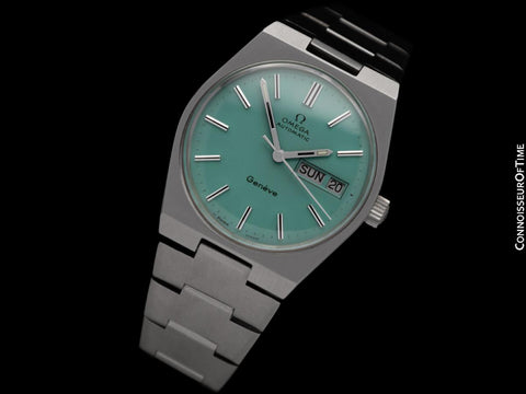 1972 Omega Geneve Vintage Retro Automatic Day Date Mens Tiffany Blue Dial Watch - Stainless Steel