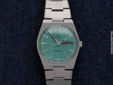 1972 Omega Geneve Vintage Retro Automatic Day Date Mens Tiffany Blue Dial Watch - Stainless Steel