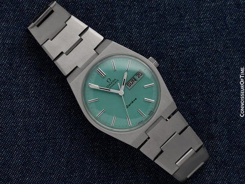1972 Omega Geneve Vintage Retro Automatic Day Date Mens Tiffany Blue Dial Watch - Stainless Steel