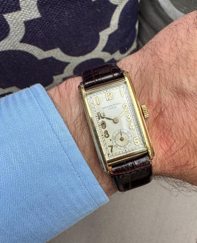 1930's Patek Philippe Vintage Mens Art Deco Rectangular Curved Watch - 18K Gold