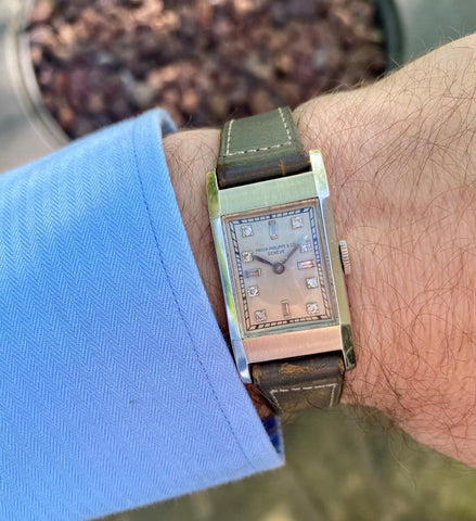 1930's Patek Philippe Vintage Mens Midsize Rectangular Art Deco Watch - Platinum & Diamonds