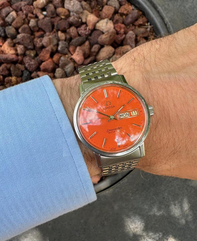 1975 Omega Seamaster Mens Automatic, Quick-Set Day Date Harley Davidson Orange Dial Watch - Stainless Steel