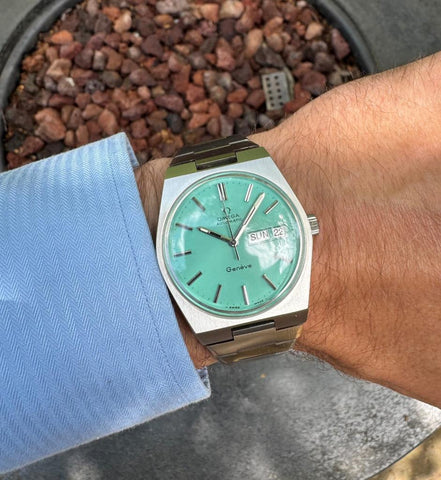 1972 Omega Geneve Vintage Retro Automatic Day Date Mens Tiffany Blue Dial Watch - Stainless Steel