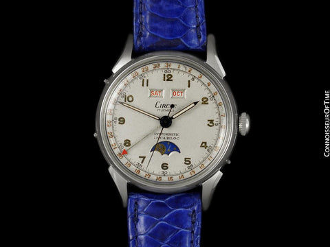 1940's Swiss Vintage Triple Calendar Moonphase Valjoux 90 Mens Watch - Stainless Steel