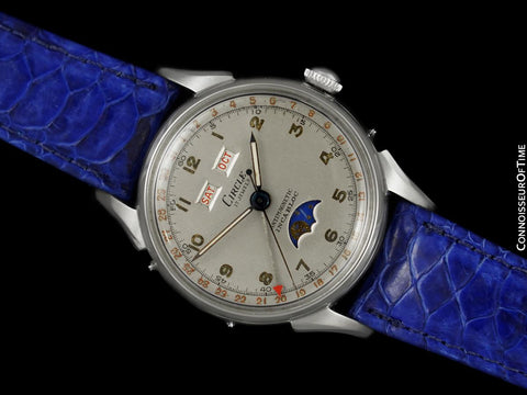 1940's Swiss Vintage Triple Calendar Moonphase Valjoux 90 Mens Watch - Stainless Steel