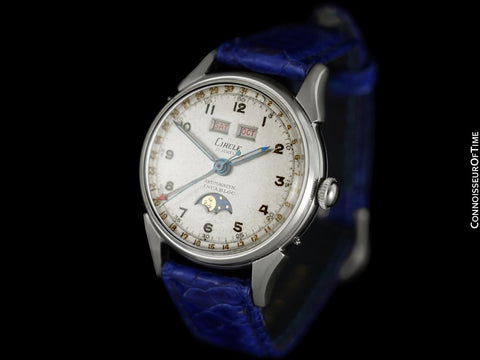 1940's Swiss Vintage Triple Calendar Moonphase Valjoux 90 Mens Watch - Stainless Steel
