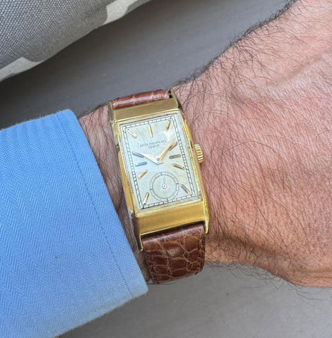 1942 Patek Philippe "Tegolino" Vintage Mens Rectangular 18K Gold Watch - Papers