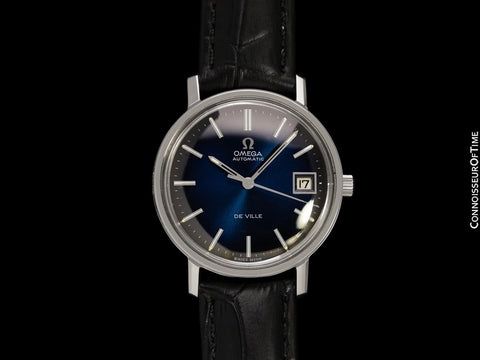 1970's Omega De Ville Vintage Mens Full Size Automatic Watch with Royal Blue Vignette Dial - Stainless Steel