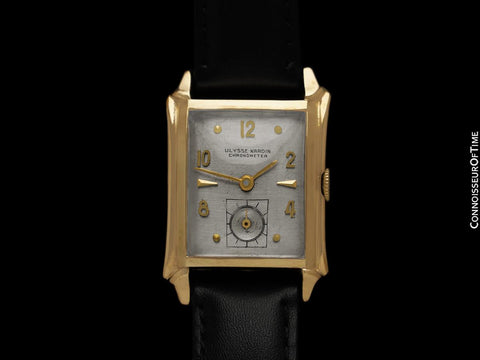 1950’s Ulysse Nardin 14K Gold Mens Midsize Watch with Sculpted Case – Box & Tag