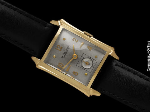 1950’s Ulysse Nardin 14K Gold Mens Midsize Watch with Sculpted Case – Box & Tag