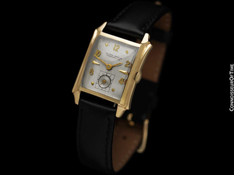 1950’s Ulysse Nardin 14K Gold Mens Midsize Watch with Sculpted Case – Box & Tag