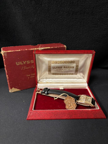 1950’s Ulysse Nardin 14K Gold Mens Midsize Watch with Sculpted Case – Box & Tag
