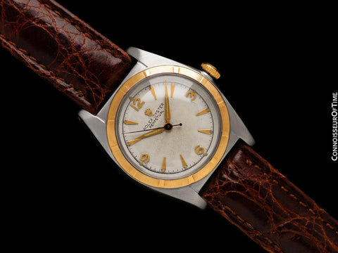 1948 Rolex Vintage Mens Oyster Perpetual Bubbleback Watch, Ref. 5010 - Stainless Steel & 18K Rose Gold