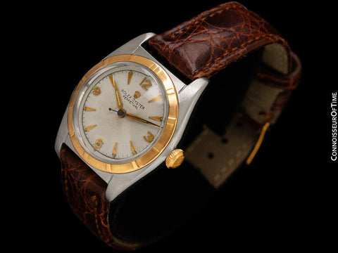 1948 Rolex Vintage Mens Oyster Perpetual Bubbleback Watch, Ref. 5010 - Stainless Steel & 18K Rose Gold