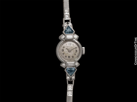 1940 Cresarrow Vintage Art Deco Ladies Watch - Palladium, Diamonds & Aquamarines