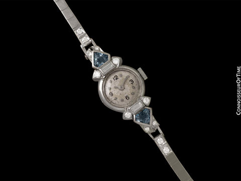 1940 Cresarrow Vintage Art Deco Ladies Watch - Palladium, Diamonds & Aquamarines