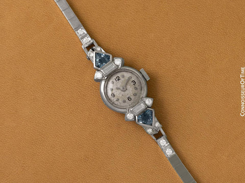 1940 Cresarrow Vintage Art Deco Ladies Watch - Palladium, Diamonds & Aquamarines