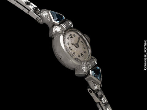 1940 Cresarrow Vintage Art Deco Ladies Watch - Palladium, Diamonds & Aquamarines