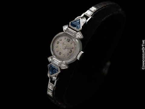 1940 Cresarrow Vintage Art Deco Ladies Watch - Palladium, Diamonds & Aquamarines