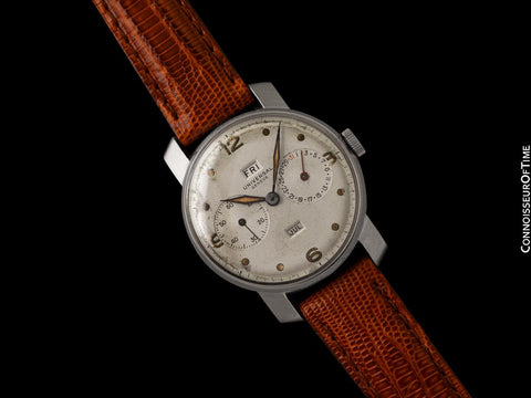 1943 Universal Geneve Vintage Mens Triple Date Moon Phase Calendar Watch - Stainless Steel