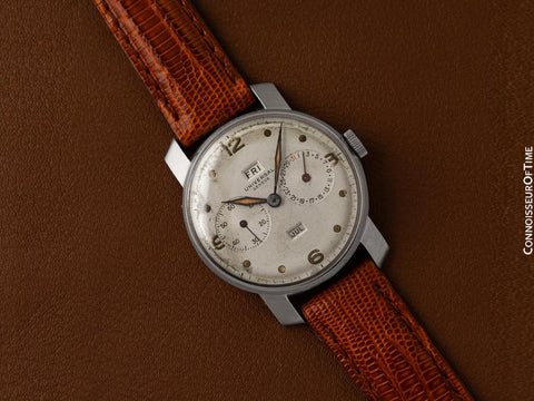 1943 Universal Geneve Vintage Mens Triple Date Moon Phase Calendar Watch - Stainless Steel