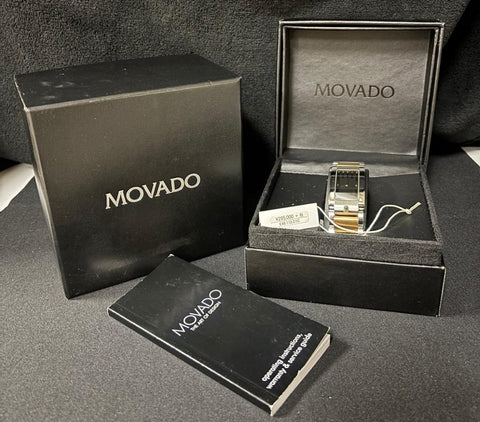 Movado Elliptica Mens Stainless Steel & 18K Gold Large Rectangular - New Old Stock with Box, Papers & Tag