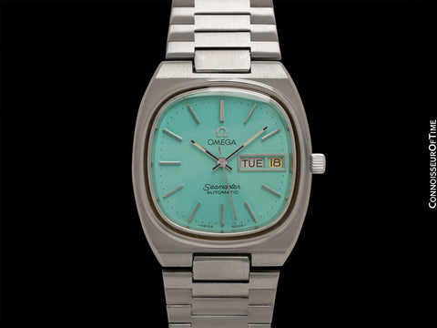 1980 Omega Seamaster Vintage Mens Bracelet Automatic Day Date Tiffany Blue Watch - Stainless Steel
