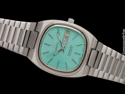 1980 Omega Seamaster Vintage Mens Bracelet Automatic Day Date Tiffany Blue Watch - Stainless Steel