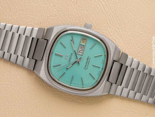 1980 Omega Seamaster Vintage Mens Bracelet Automatic Day Date Tiffany Blue Watch - Stainless Steel