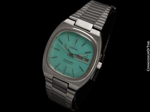 1980 Omega Seamaster Vintage Mens Bracelet Automatic Day Date Tiffany Blue Watch - Stainless Steel