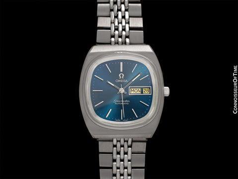 1979 Omega Seamaster Vintage Mens Bracelet Automatic Day Date Royal Blue Watch - Stainless Steel
