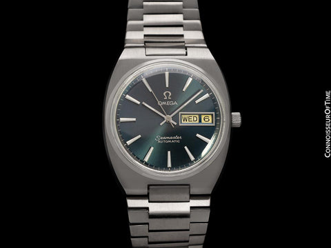 1979 Omega Seamaster Vintage Mens Bracelet Automatic Day Date Smoked Sapphire Blue Watch - Stainless Steel