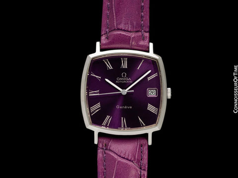 1977 Omega Geneve Vintage Mens Automatic Royal Amethyst Dial Dress Watch - Stainless Steel