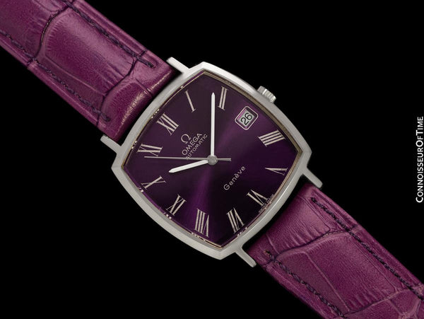 1977 Omega Geneve Vintage Mens Automatic Royal Amethyst Dial Dress Watch - Stainless Steel