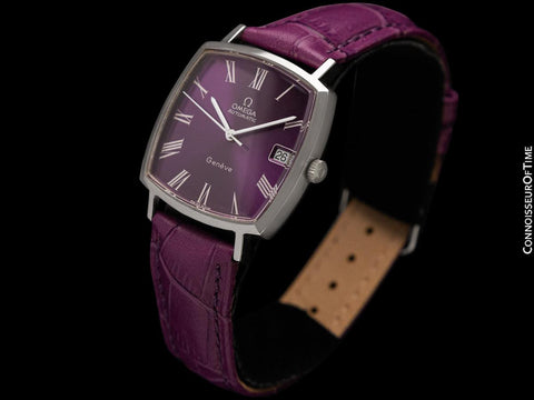 1977 Omega Geneve Vintage Mens Automatic Royal Amethyst Dial Dress Watch - Stainless Steel