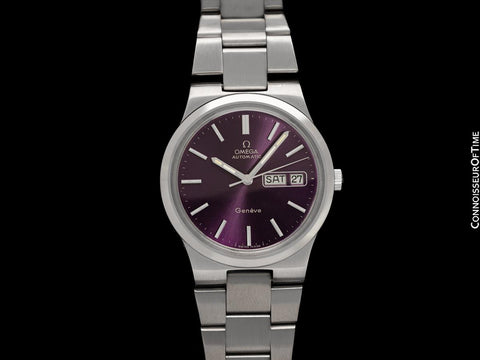 1979 Omega Geneve Vintage Retro Day Date Mens Full Size Royal Amethyst Dial Watch - Stainless Steel