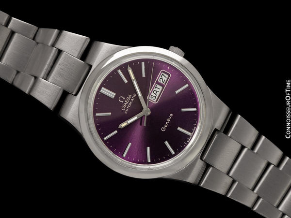 1979 Omega Geneve Vintage Retro Day Date Mens Full Size Royal Amethyst Dial Watch - Stainless Steel