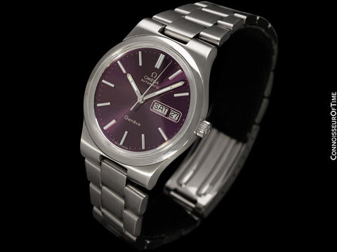 1979 Omega Geneve Vintage Retro Day Date Mens Full Size Royal Amethyst Dial Watch - Stainless Steel