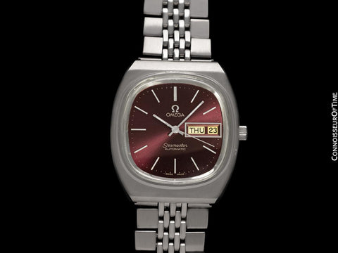 1981 Omega Seamaster Vintage Mens Bracelet Automatic Day Date Bordeaux Wine Watch - Stainless Steel