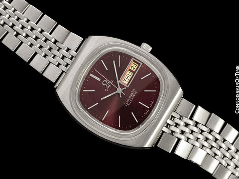1981 Omega Seamaster Vintage Mens Bracelet Automatic Day Date Bordeaux Wine Watch - Stainless Steel