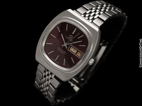 1981 Omega Seamaster Vintage Mens Bracelet Automatic Day Date Bordeaux Wine Watch - Stainless Steel