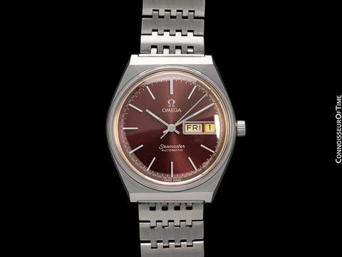 1978 Omega Seamaster Vintage Mens Bracelet Automatic Day Date Bordeaux Wine Watch - Stainless Steel