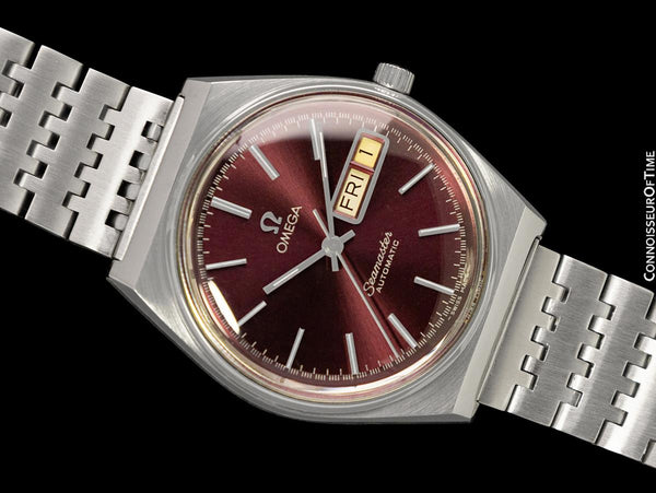 1978 Omega Seamaster Vintage Mens Bracelet Automatic Day Date Bordeaux Wine Watch - Stainless Steel